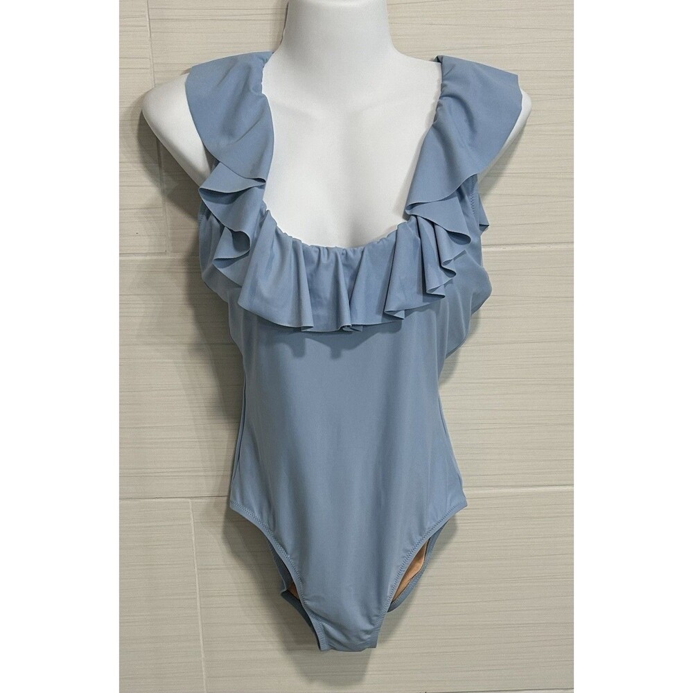 New J.Crew Ruffle Scoopback Powder Blue One-Piece Swimsuit 10, Beach Travel Pool